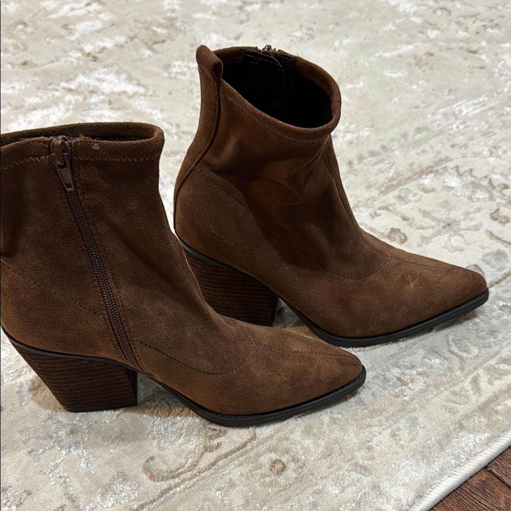 SOUL Naturalizer Brown Suede Ankle Booties with Stacked Heel